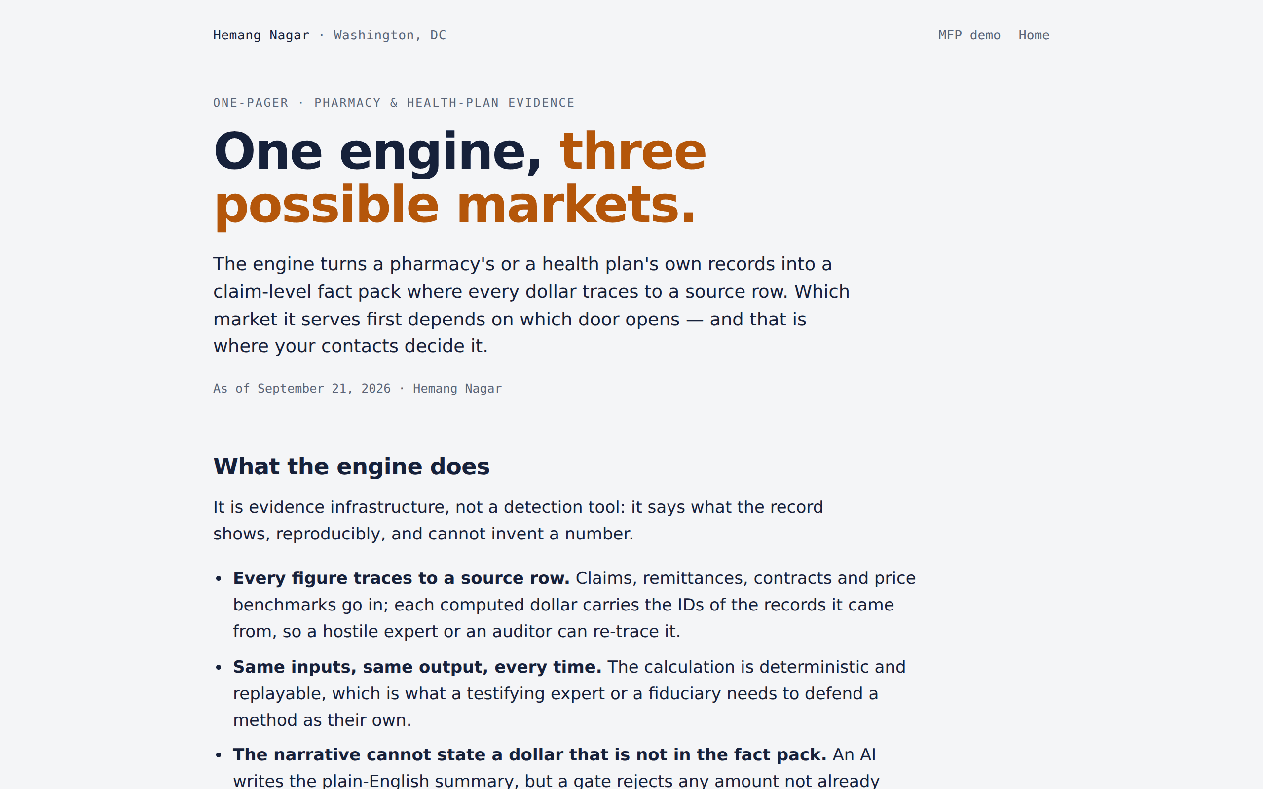 The pharmacy and health-plan evidence one-pager: one engine, three possible markets, explaining that every figure traces to a source row, the same inputs give the same output every time, and the narrative cannot state a dollar that is not in the fact pack.